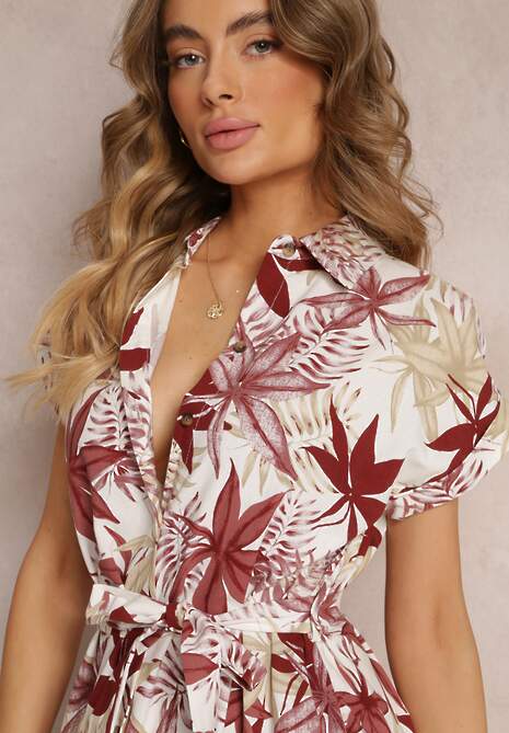 Bordowa Bawełniana Sukienka z Kołnierzykiem i Materiałowym Paskiem Zariala