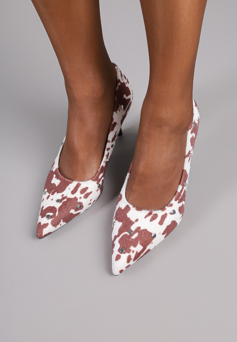 Brązowe Czółenka Vices  w Krowie Łaty na Szpilce z Wkładką ze Skóry Naturalnej z Klamrą i Ćwiekami Riloria Viralowe