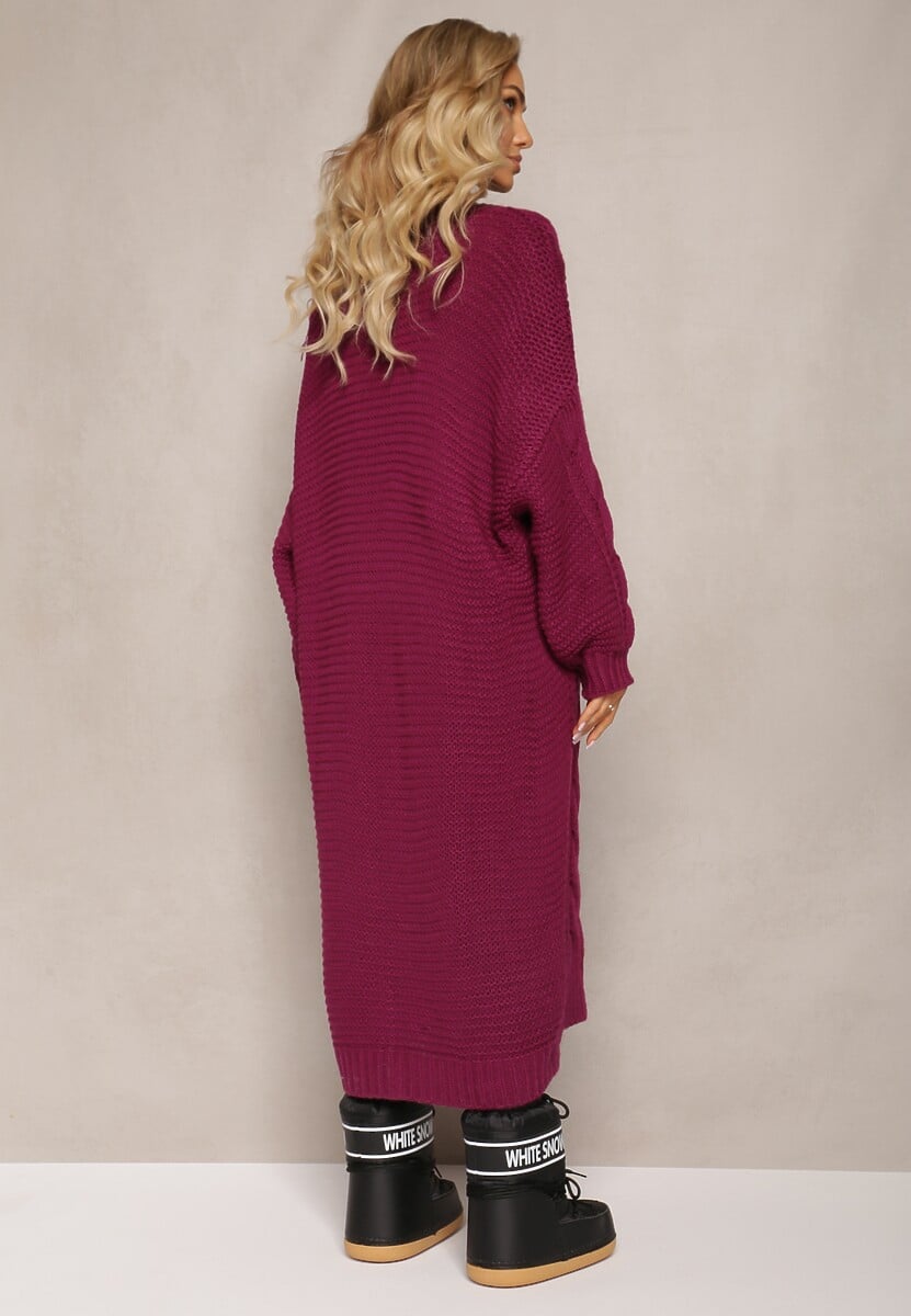 Ciemnofioletowy Długi Kardigan z Ozdobnym Szerokim Splotem Havsana