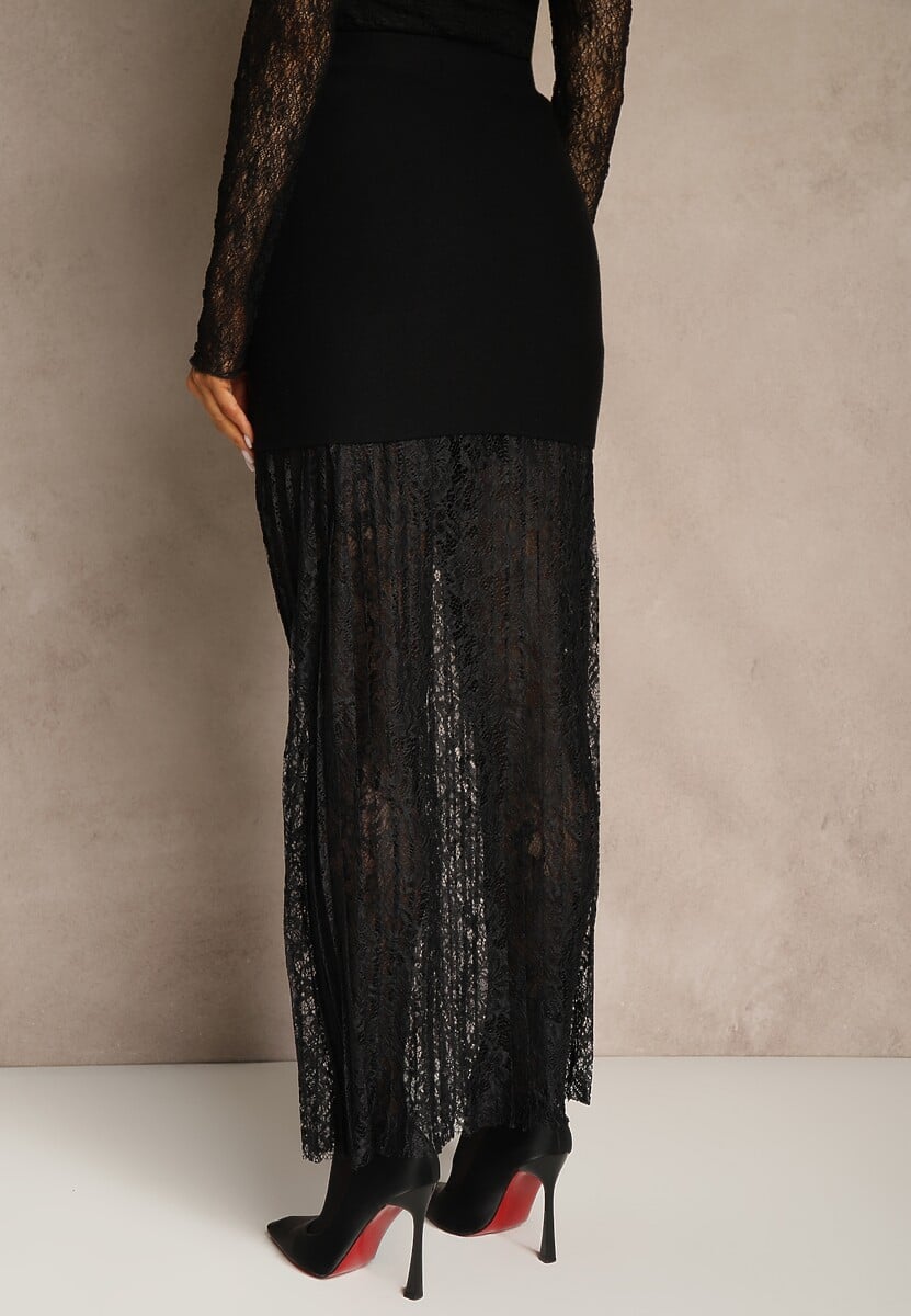 Czarna Spódnica z Dzianiny z Wiskozą z Koronkowym Dołem Zdobiona Guzikami Sewune