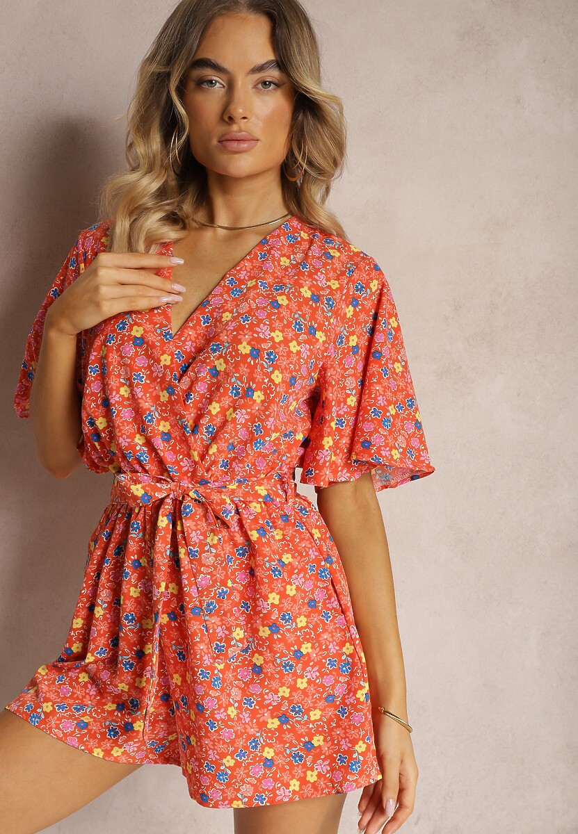 Pomarańczowy Kombinezon z Kopertowym Dekoltem o Taliowanym Kroju Kimelba