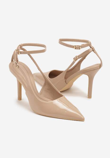 Ciemnobeżowe Sandały Lakierowane Vices na Szpilce Typu Slingback Dolenita