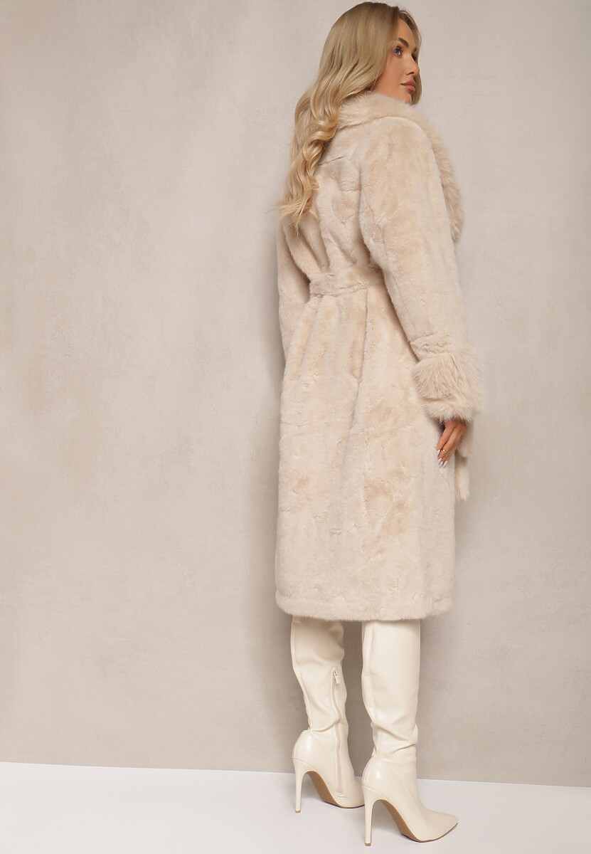 Beżowy Futrzany Płaszcz z Wiązanym Paskiem Ozdobnym Kołnierzem i Mankietami Viaressa