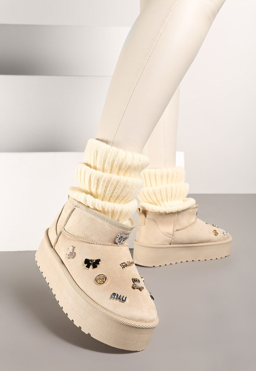 Beżowe Śniegowce na Platformie z Ozdobami 3D Semariah