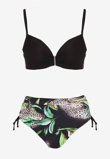 Czarne Bikini z Motywem Roślinnym Biustonosz i Majtki Figi ze Ściągaczami Sadorene