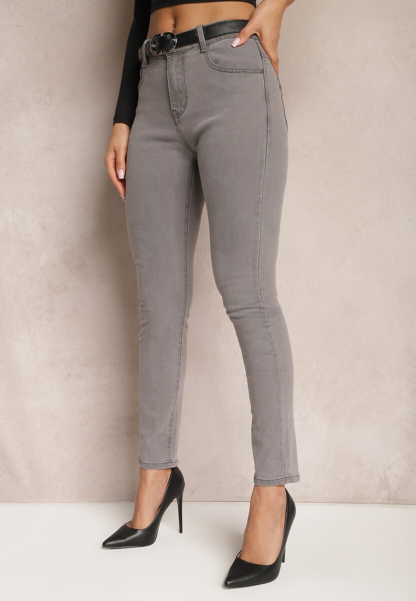 Szare Jeansy High Waist o Fasonie Regular Hildelitha