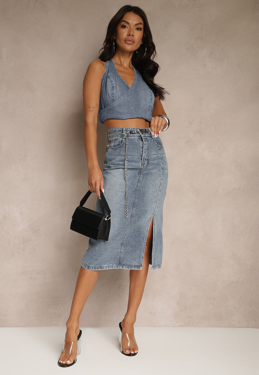 Czarna Jeansowa Spódnica z Bawełny z Łańcuchem Lilurea