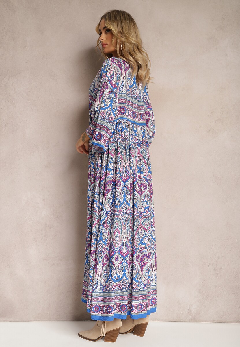 Niebiesko-Fioletowa Rozkloszowana Sukienka we Wzór Paisley z Rękawem 3/4 Briarwa
