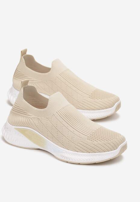 Beżowe Buty Sportowe na Tłoczonej Podeszwie z Elastyczną Cholewką Taiden