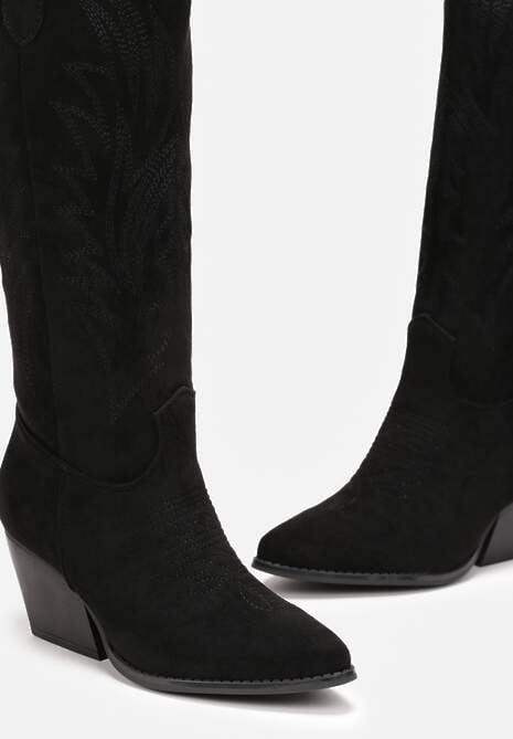 Czarne Kozaki Kowbojki na Skośnym Słupku z Haftami Vaelissa