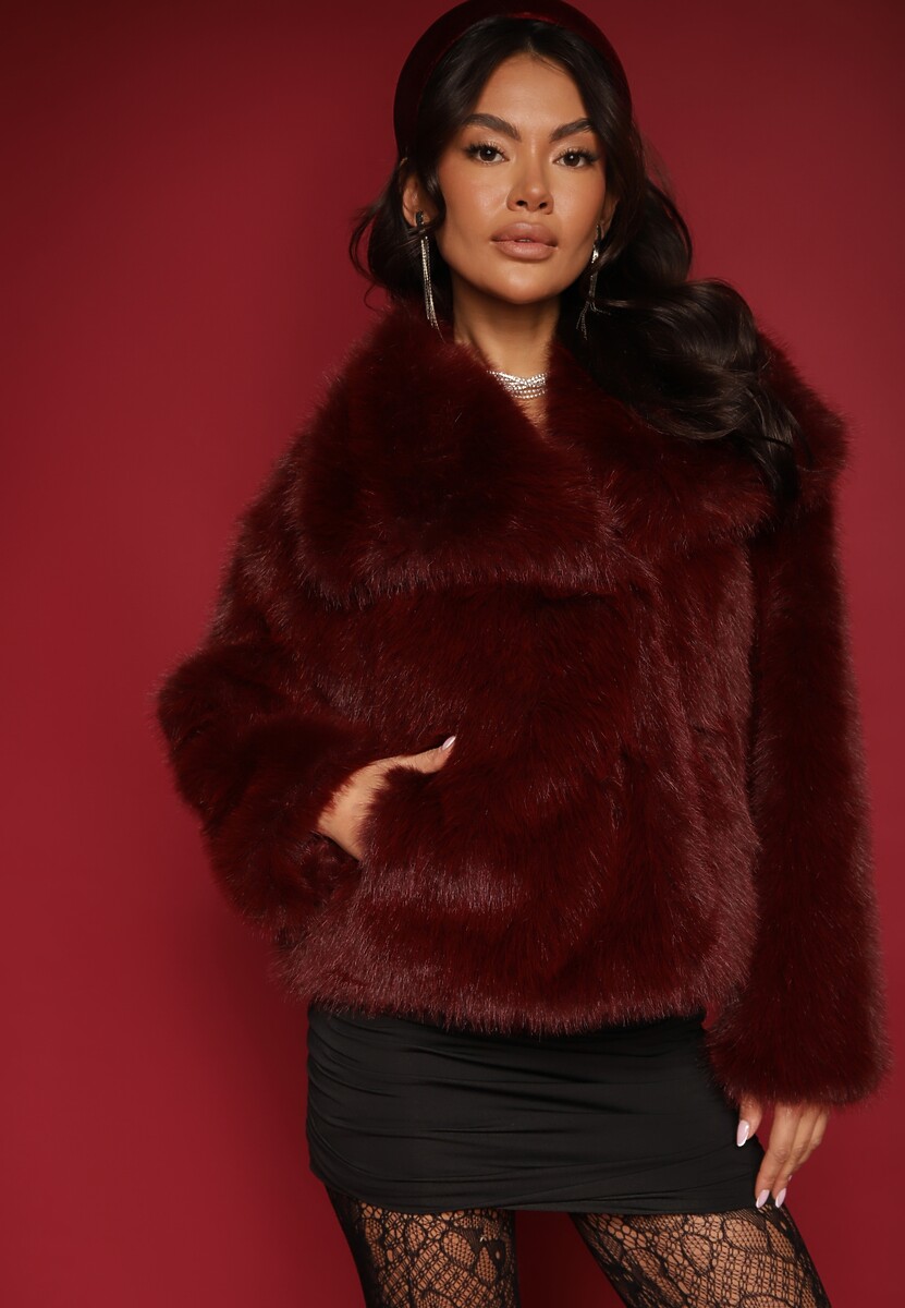 Bordowa Klasyczna Kurtka Futerko z Szerokim Kołnierzem Sannithra