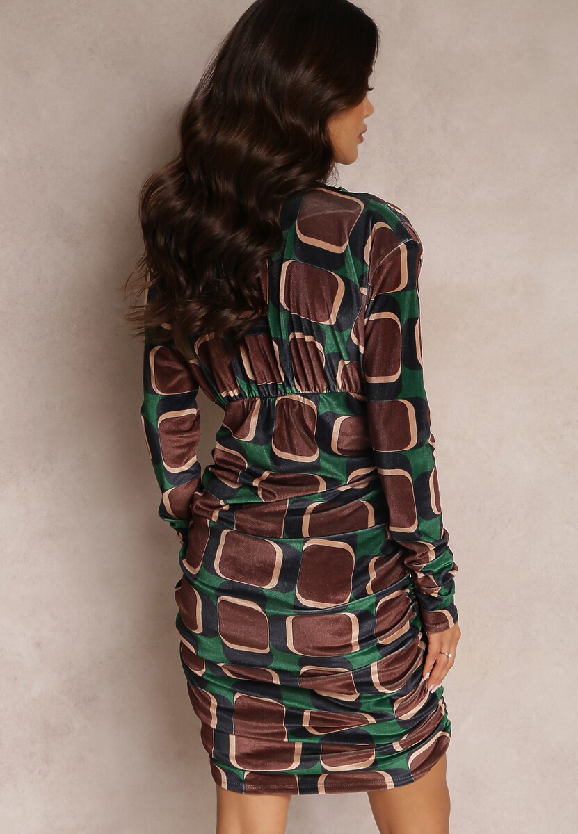 Brązowo-Zielona Sukienka z Drapowaniem w Geometryczny Wzór Biyo