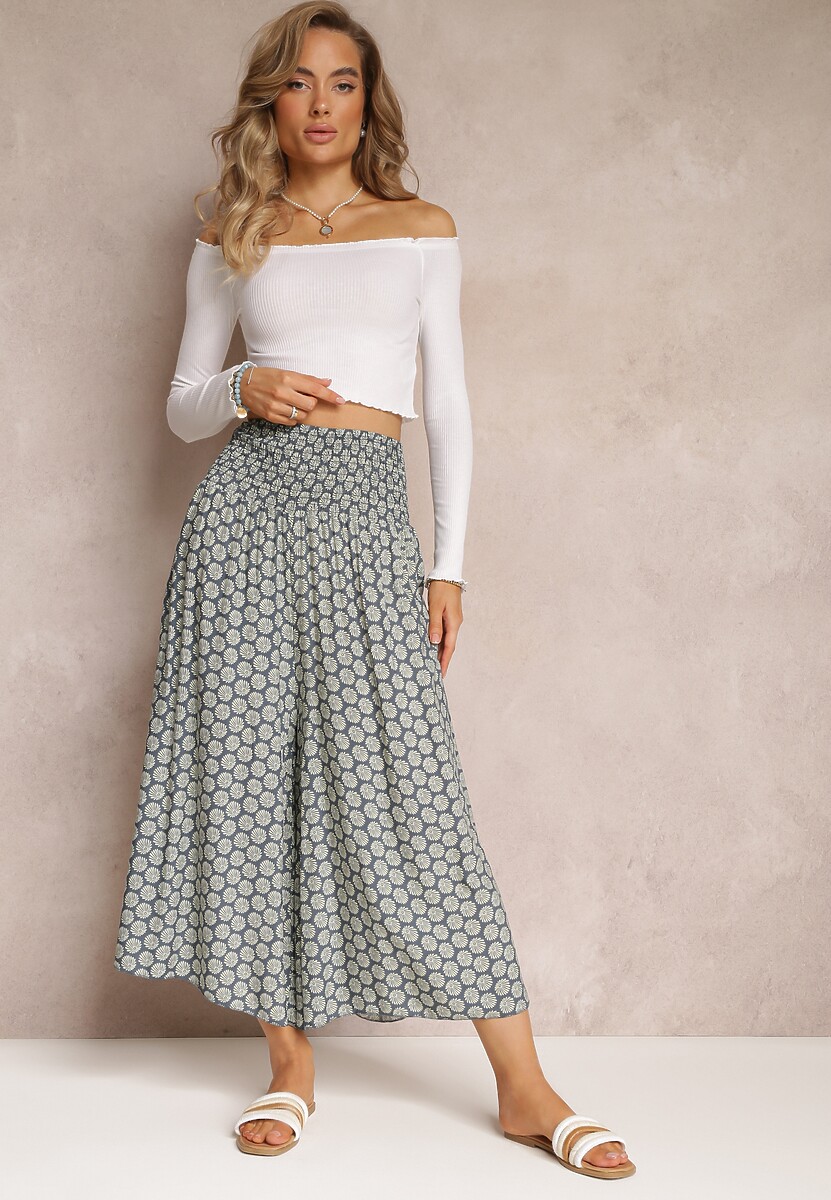 Granatowo-Zielone Szerokie Spodnie Bawełniane z Wysokim Stanem i Długością 7/8 Jorste