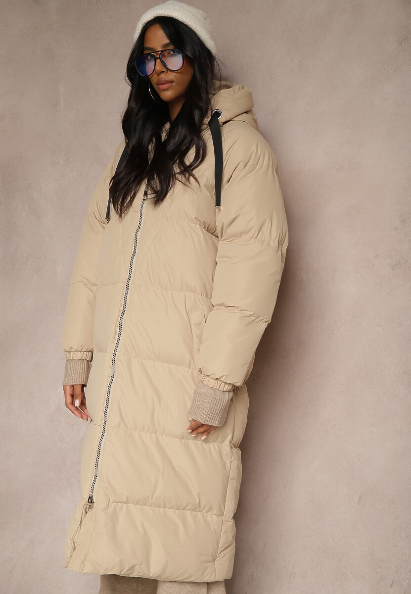 Beżowa Długa Kurtka Pikowana z Kapturem Serea