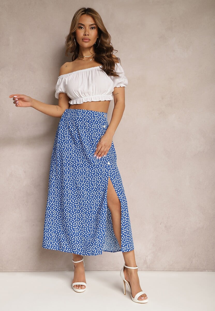 Niebieska Casualowa Spódnica Ozdobiona Guzikami i Wycięciem Fiada