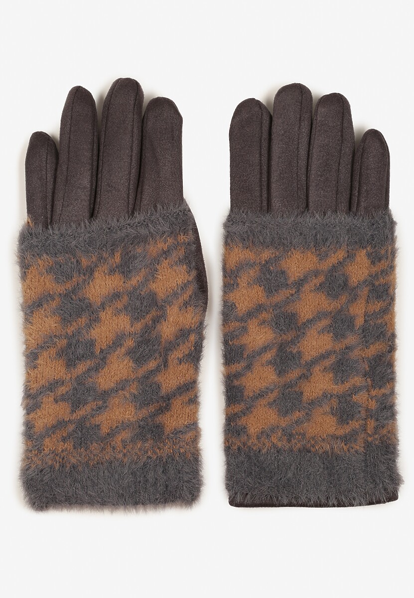 Ciemnoszare Rękawiczki Welurowe z Ozdobną Dzianinową Nakładką Seliti