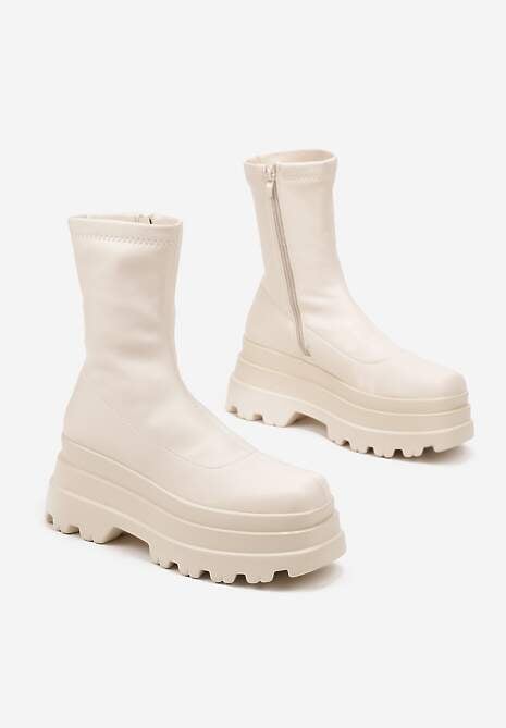 Beżowe Botki Workery na Platformie na Suwak z Dopasowaną Cholewką Driefra
