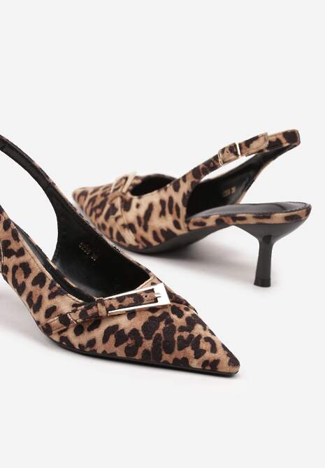 Panterkowe Sandały na Szpilce Typu Slingback Ozdobione Paskiem z Klamrą Karilen