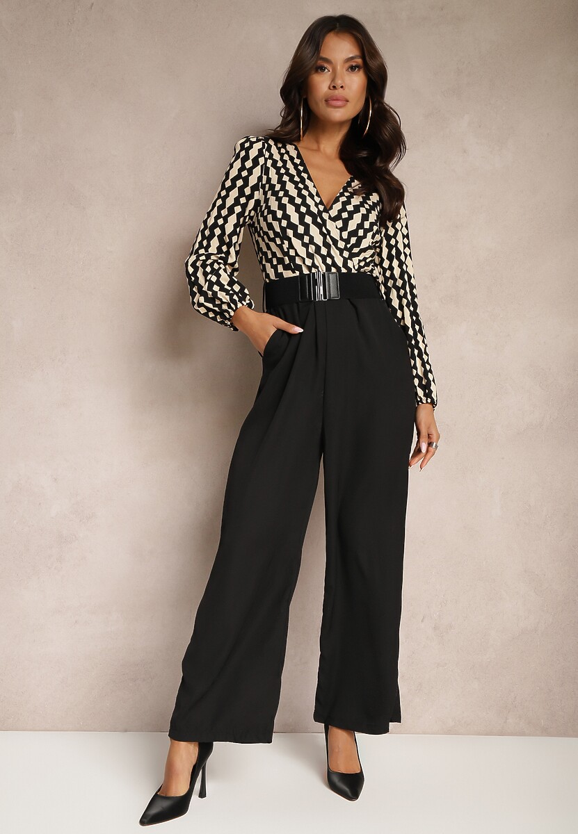 Czarno-Beżowy Kopertowy Kombinezon z Prostymi Nogawkami i Wzorzystą Górą z Paskiem w Talii Tinorielle