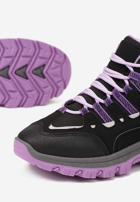 Czarno-Fioletowe Buty Trekkingowe Traperki Vices ze Sznurowaną Cholewką Afellie
