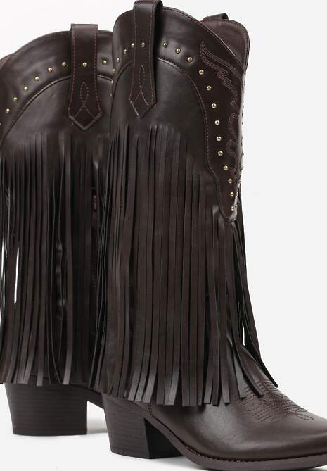 Brązowe Botki Kowbojki na Stożku z Cholewką z Ćwiekami i Frędzlami Elles