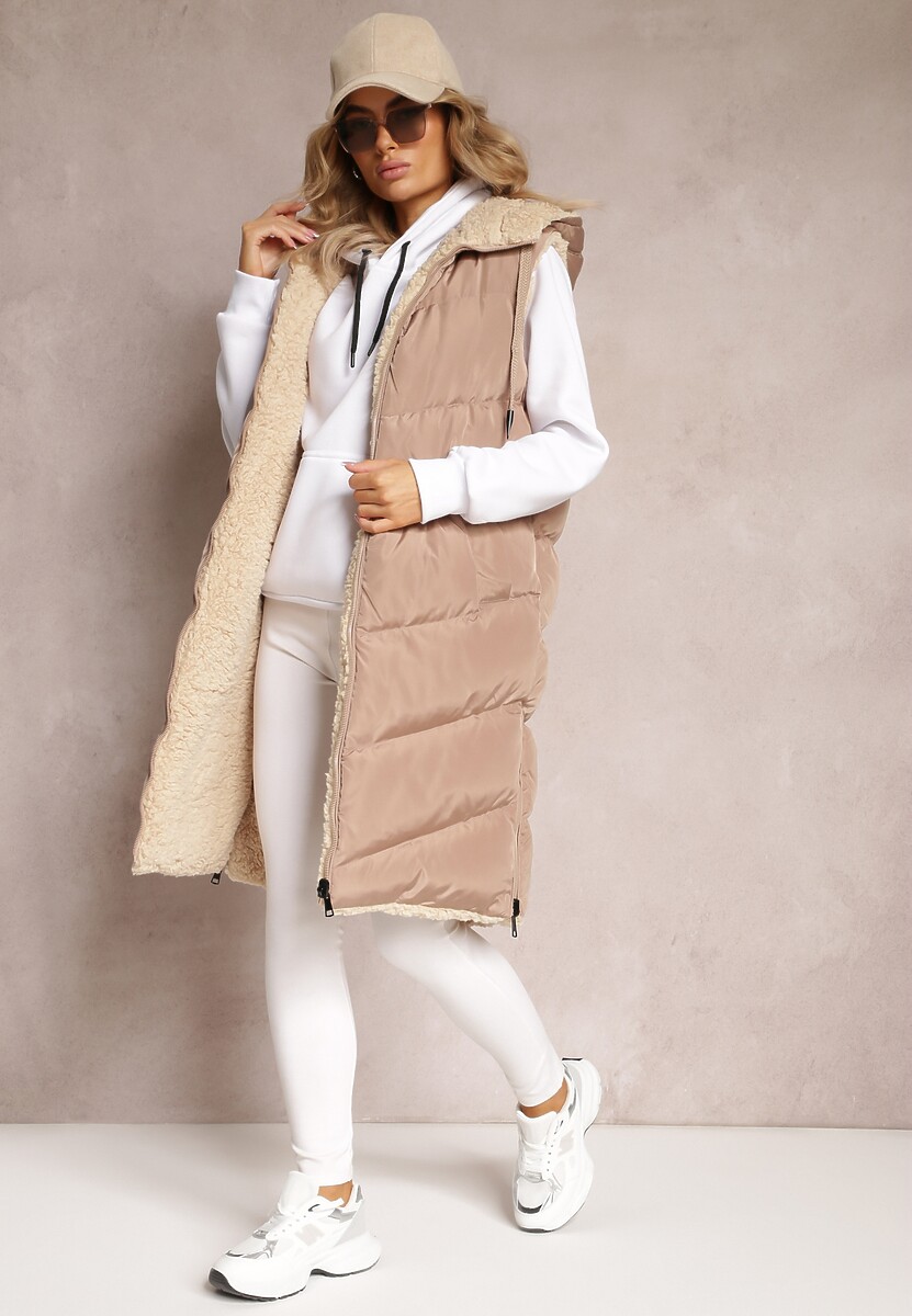 Jasnobeżowa Dwustronna Kamizelka Pikowana z Futerkiem Madalan