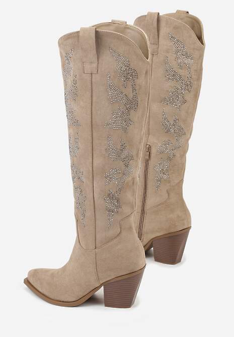 Ciemnobeżowe Kozaki Kowbojki na Stożkowym Obcasie z Aplikacją z Cyrkoniami Zevrine
