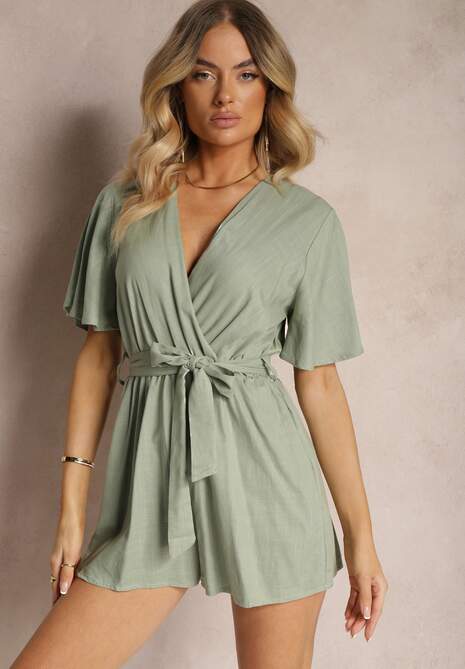 Ciemnozielony Kopertowy Kombinezon z Bawełny Wiązany w Talii Materiałowym Paskiem Vikly