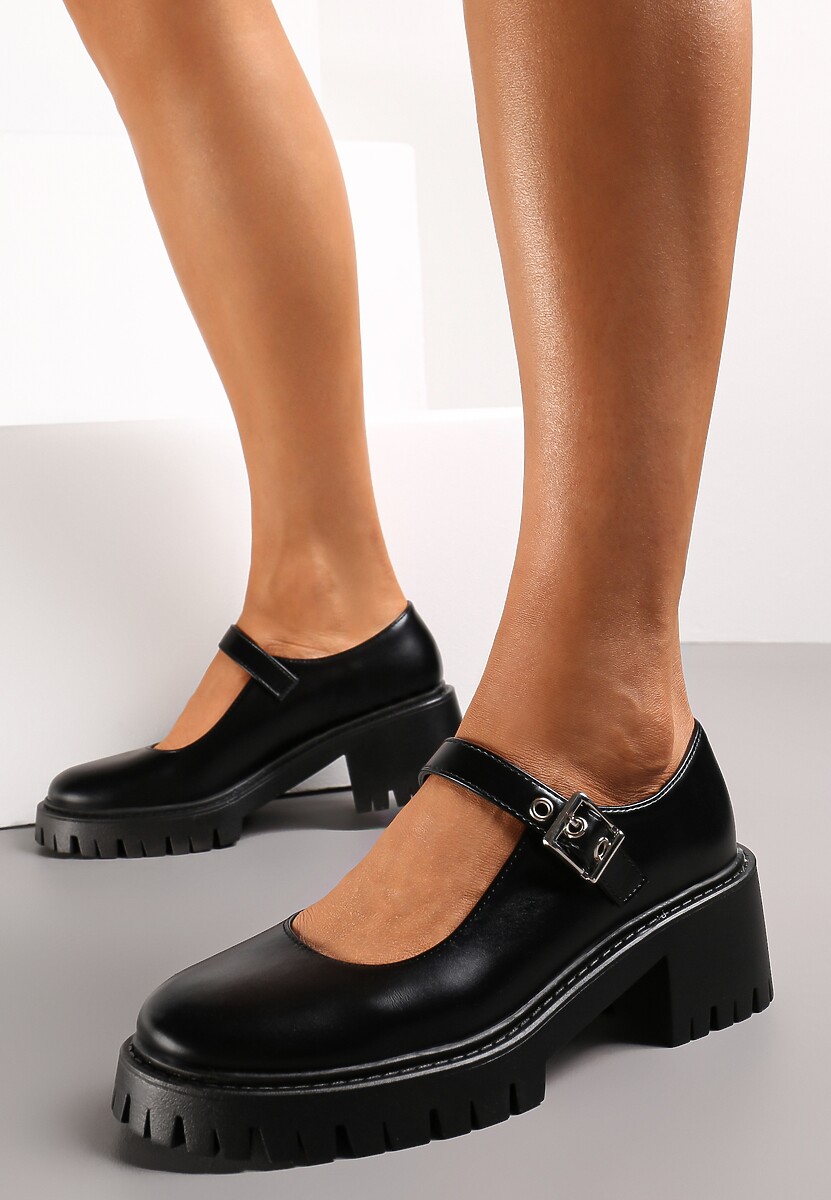 Czarne Półbuty z Ozdobnym Paskiem na Niskim Słupku Esmera