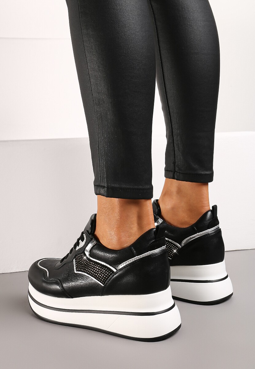 Czarne Sneakersy na Platformie z Cyrkoniami na Boku Oarema