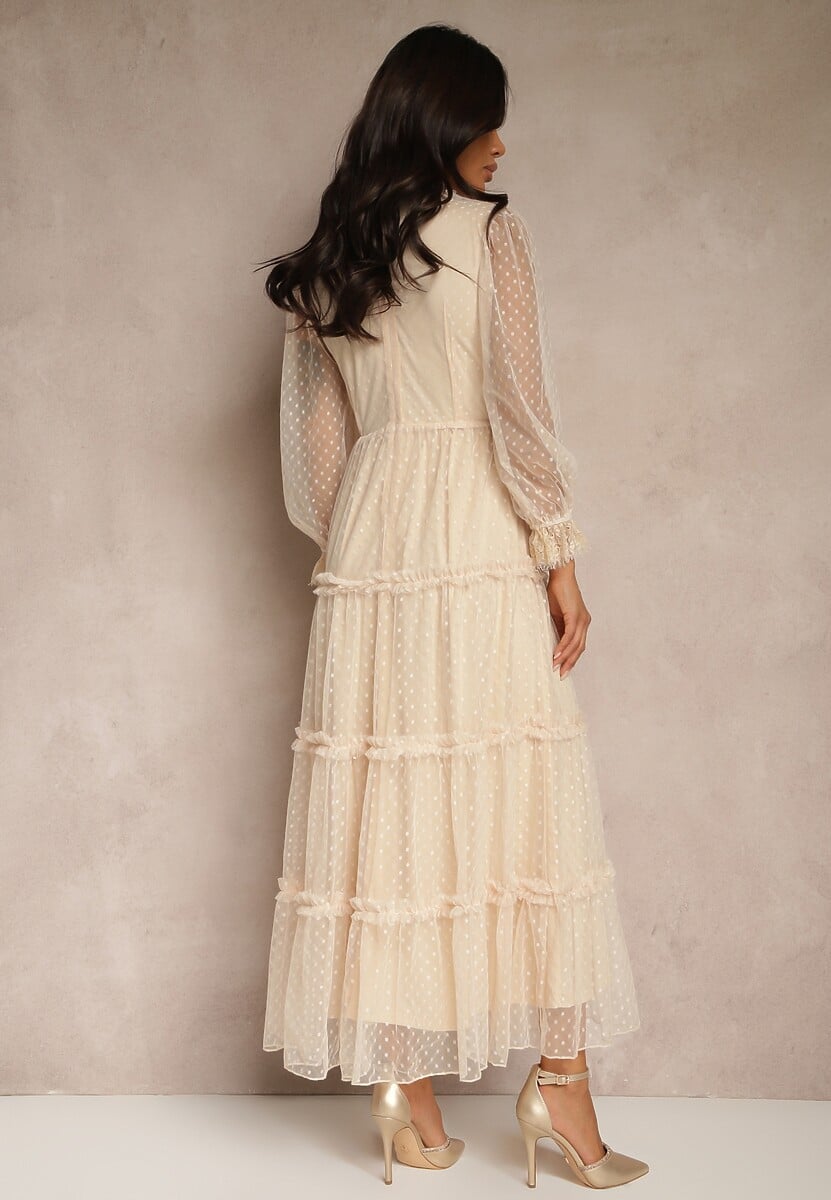 Beżowa Tiulowa Sukienka Maxi ze Wstawkami z Koronki i Ozdobnymi Guzikami Aovena