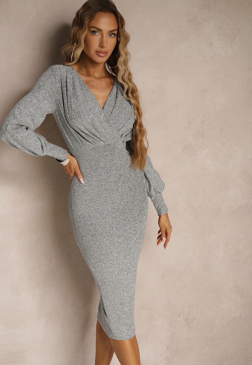 Czerwona Kopertowa Sukienka o Dopasowanym Fasonie z Bufiastymi Rękawami Ulosira