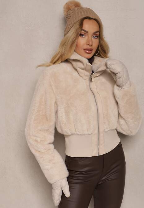 Beżowa Kurtka Futrzana o Krótkim Kroju z Ozdobnym Kołnierzem i Ściągaczem Semiritae