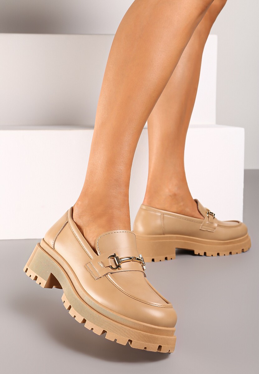 Ciemnobeżowe Mokasyny na Platformie z Klamrą Cleiris