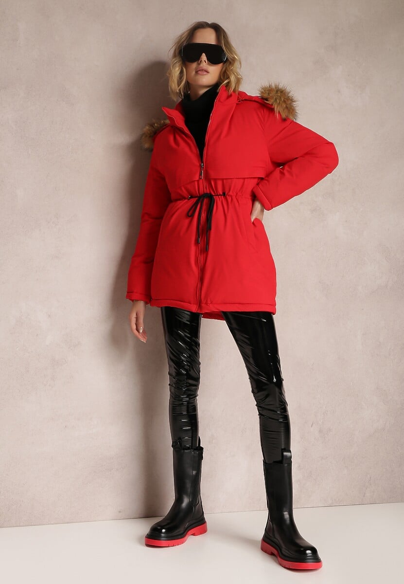 Czerwona Kurtka Parka z Kapturem z Futerkiem Bimi