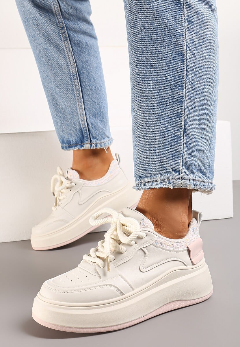 Beżowo-Różowe Sneakersy na Platformie przed Kostkę z Ozdobnymi Przeszyciami Arsicada