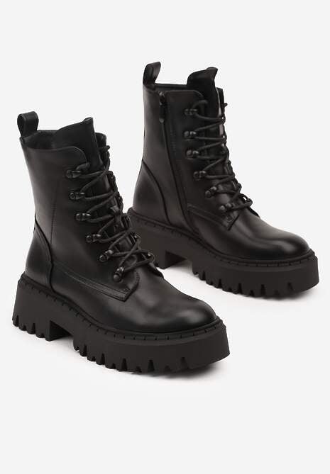 Czarne Ocieplane Botki Workery na Płaskiej Podeszwie ze Sznurowaniem Berilea