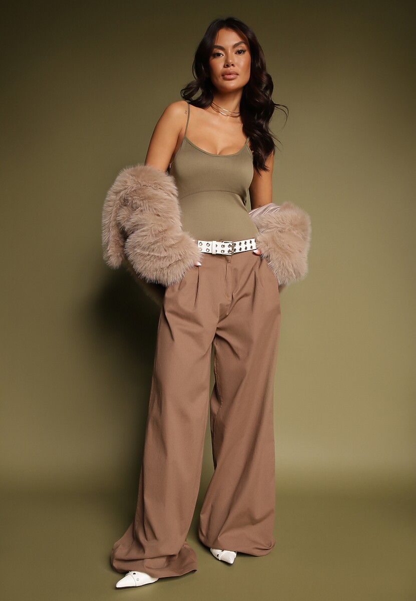 Jasnobrązowe Szerokie Spodnie High Waist z Bawełny z Dołączonym Ozdobnym Łańcuszkiem Romira