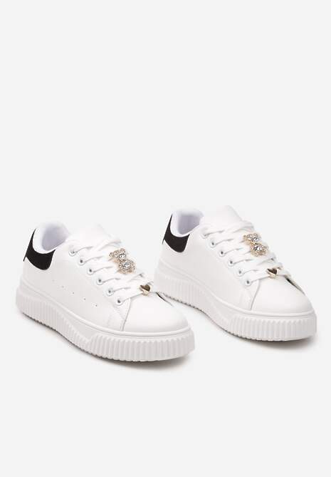 Biało-Czarne Sneakersy na Niskiej Platformie ze Wstawką z Ekozamszu i Złotym Misiem Nleona