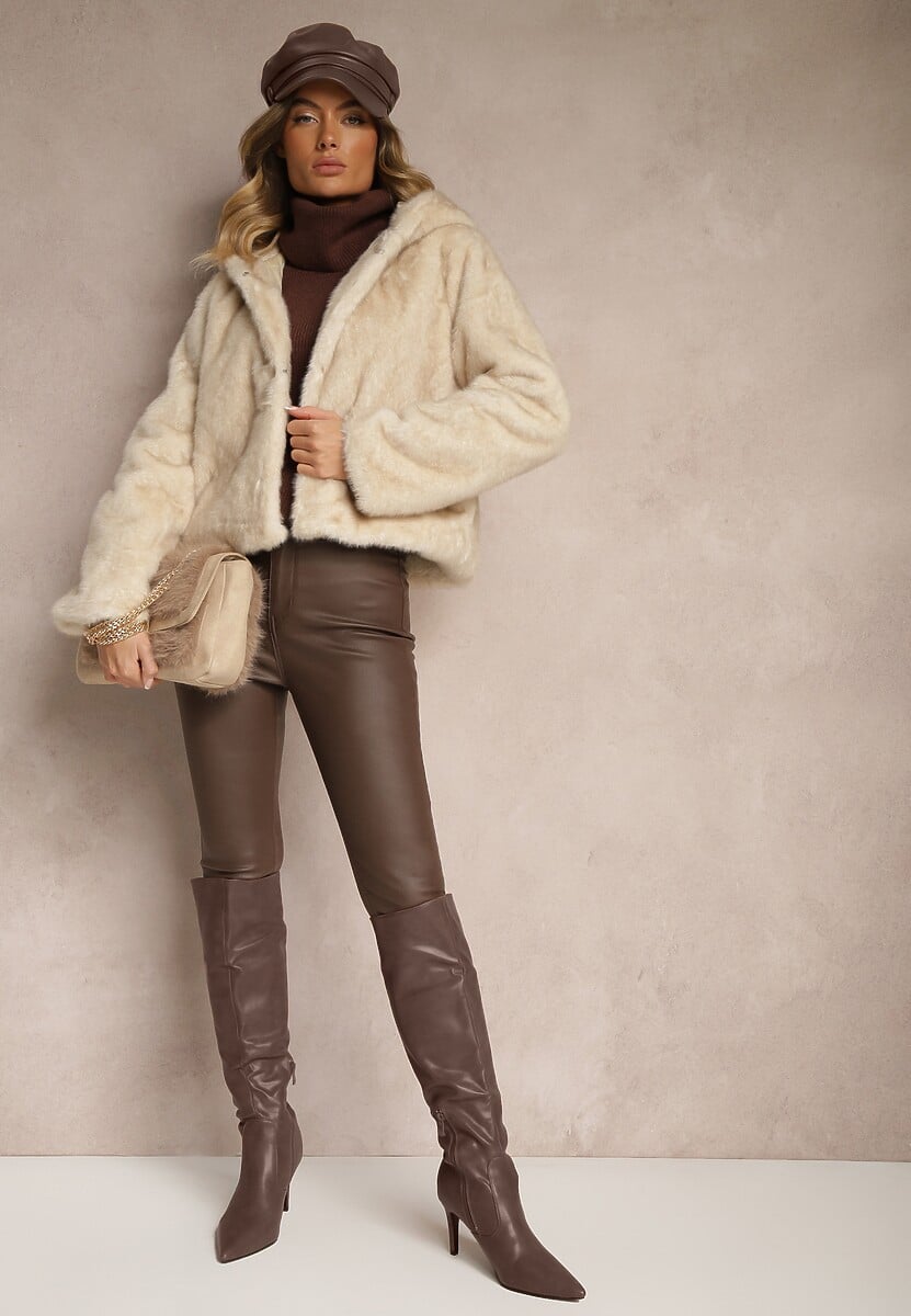 Jasnobeżowa Kurtka Futerkowa z Kapturem i Podszewką z Polarem Venorin