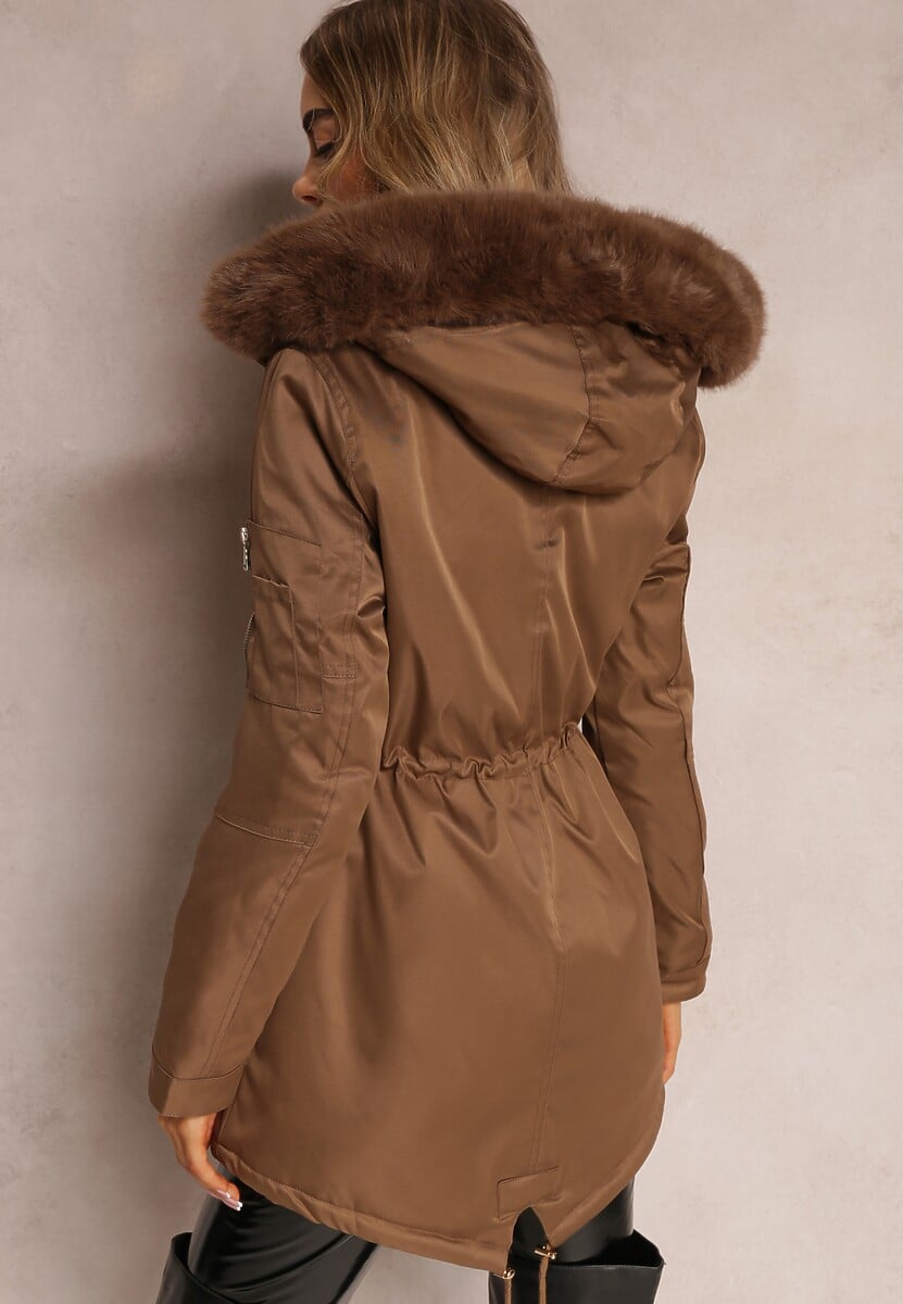 Brązowa Kurtka Parka z Kapturem i Ozdobnym Futerkiem Dioneta