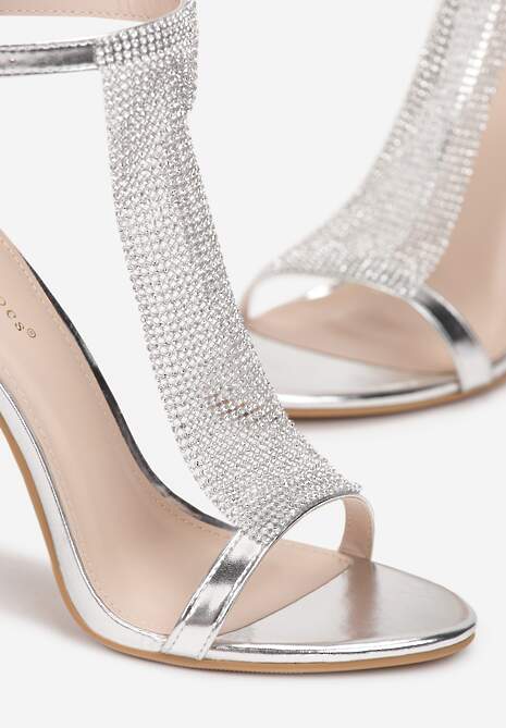 Srebrne Sandały na Szpilce z Cyrkoniami i Sprzączką Faltifi