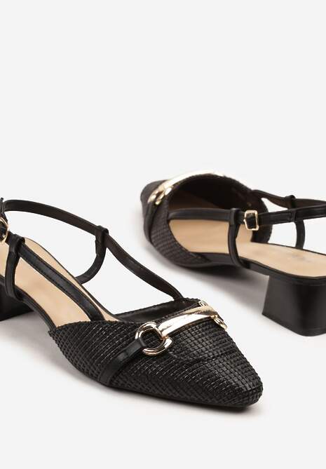 Czarne Sandały na Słupkowym Obcasie Zdobione Tweedem i Aplikacją Nilioris