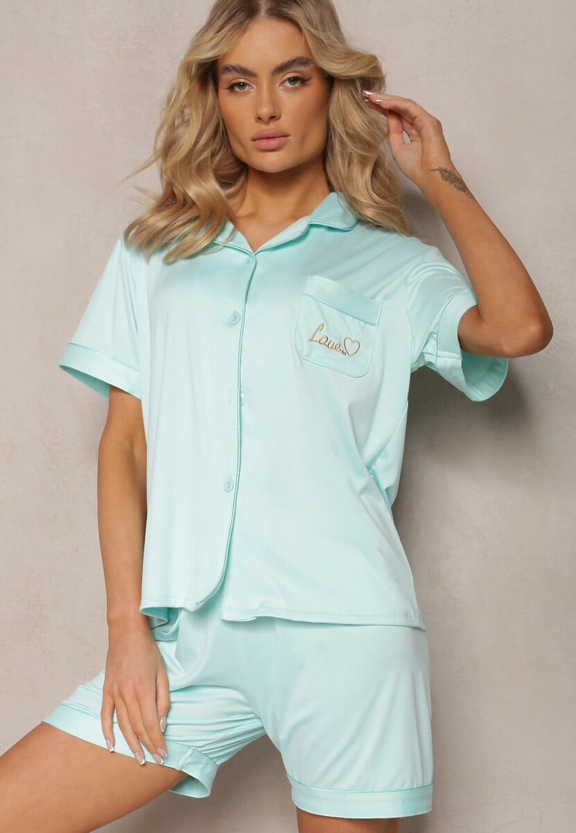 Miętowy Komplet Piżamowy z Krótką Koszulą z Napisem i Szortami Finetta