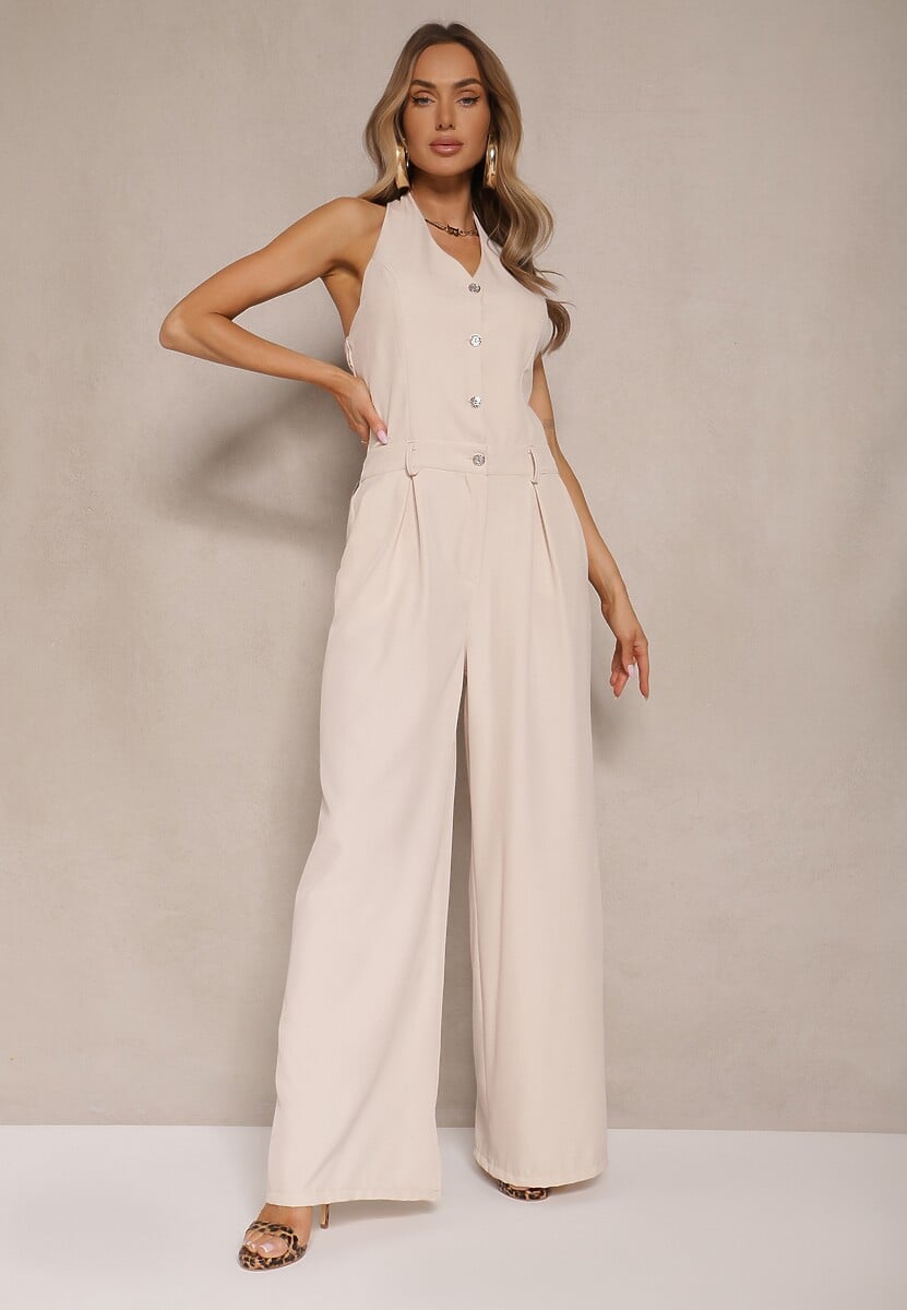 Beżowy Kombinezon na Szyję z Guzikami i Szerokimi Nogawkami Tadelli