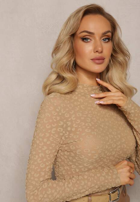 Ciemnobeżowa Bluzka w Cętki z Lekko Prześwitującej Tkaniny Tuomela