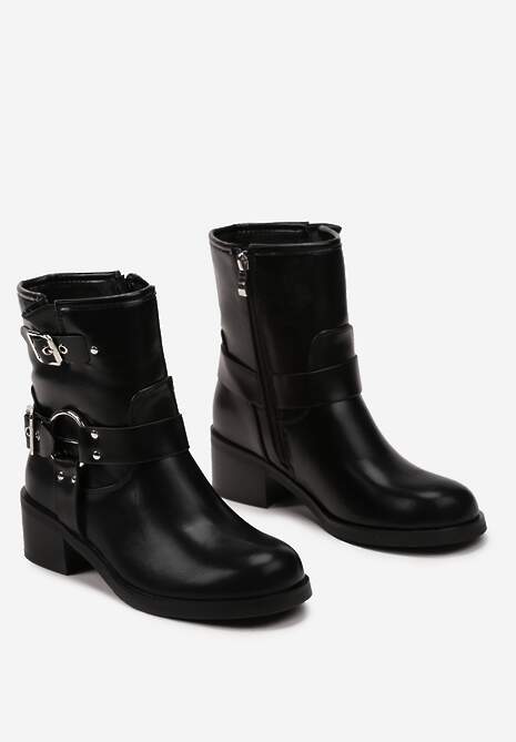 Czarne Botki Bikery Ozdobione Paskami i Okrągłą Klamrą Warasa