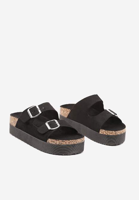 Czarne Klapki na Korkowej Podeszwie z Klamrami Tinalaria