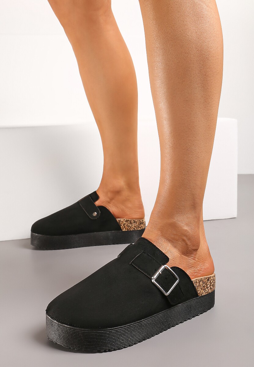 Czarne Klapki Mule w Stylu Chodaków na Grubej Podeszwie z Korka Correlia