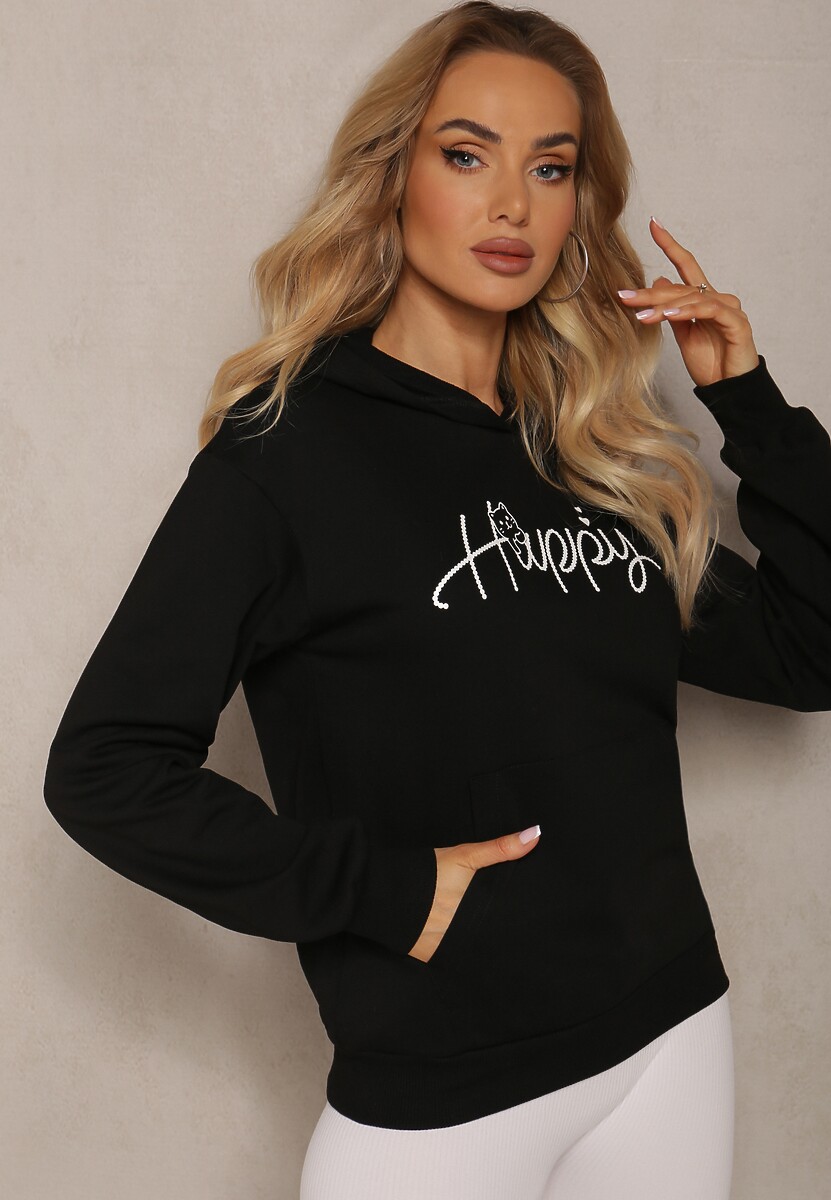 Biała Bluza Ozdobiona Napisem z Kangurkową Kieszenią i Kapturem Hecconia